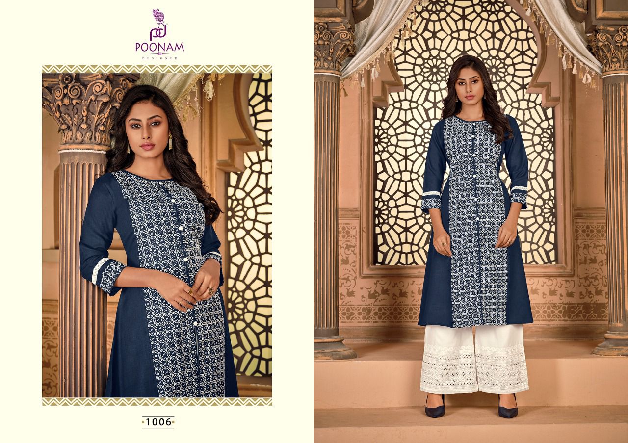 Poonam Kira Cotton Slub Cotton Ethnic Wear Kurti With Bottom Collection